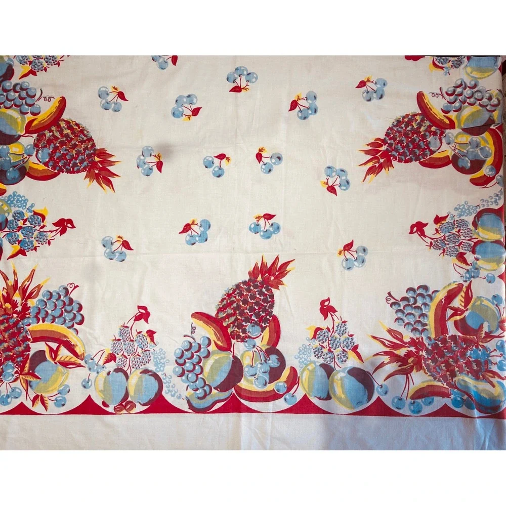 Tablecloth Baking Cloth Cotton 48x64 1950s Kitschy Fruit Print Retro MCM
